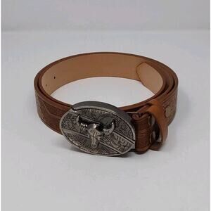 Western Leather Belt Bull Skull Buckle Brown Tooled Cowboy Size 42